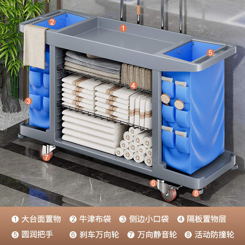 SHENFAN linen cart, special work cart for hotel rooms, cleaning tool cart, hotel door cleaning and cleaning trolley, flagship three-layer double sided side bag, enlarged and thickened, effortless and easy to push, silent and no noise