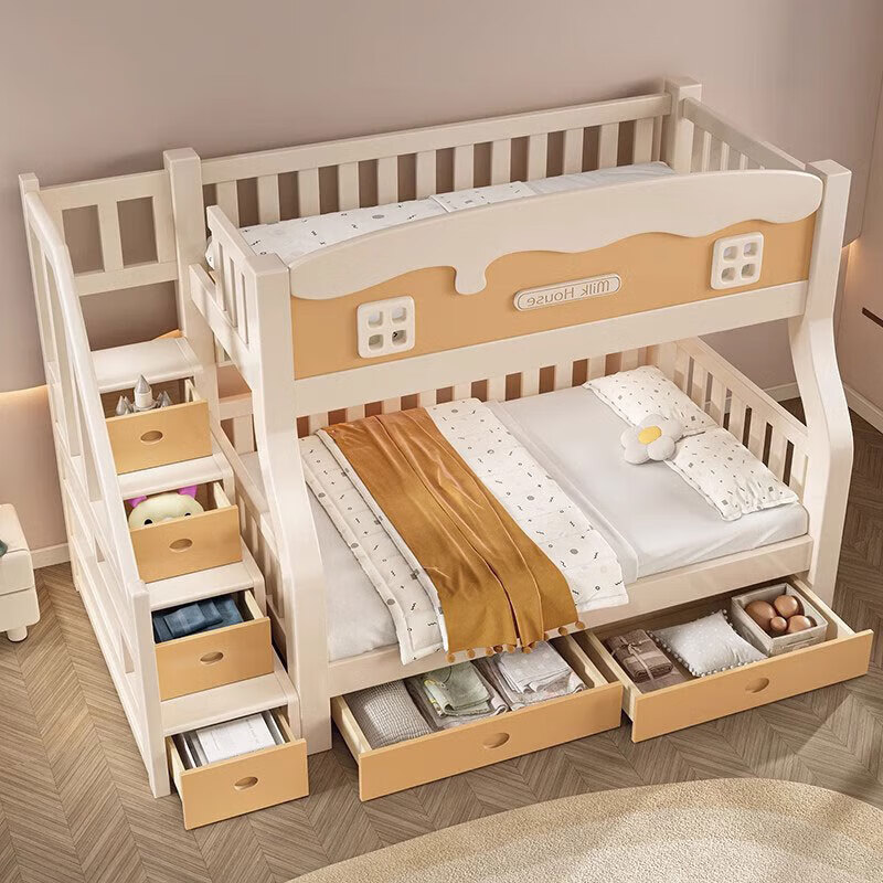 Leiyang all solid wood upper and lower bed, cream style cartoon bunk bed, small apartment multi-functional wooden bed double solid wood high and low bed, ladder cabinet upper 115 lower 135 bookshelf drawer mattress * 2 package installation