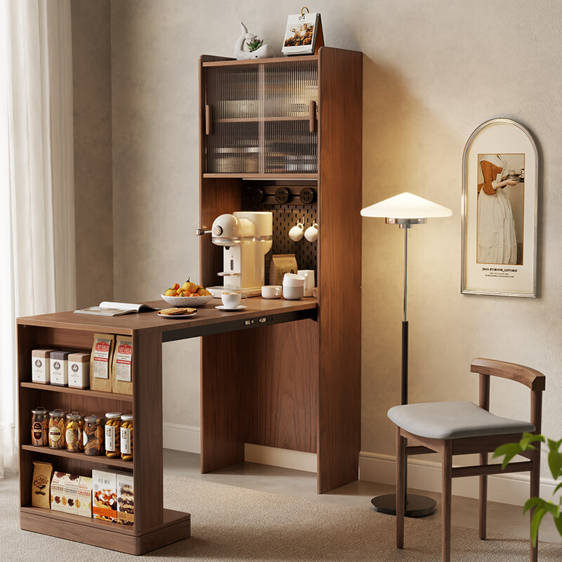 Shangxinge solid wood folding dining table and sideboard integrated home small apartment wall storage cabinet side cabinet wine cabinet folding dining table + sideboard walnut color