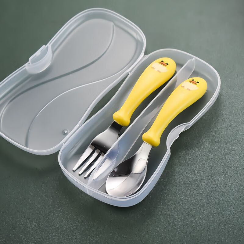 Enshousu children's chopstick training chopsticks 3-year-old and 6-year-old baby spoon learning and practicing 1, 2 and 3-year-old special toddler tableware set 2-6 years old children cute - yellow duck children's tableware - four-piece set chopsticks + spoon + fork + box