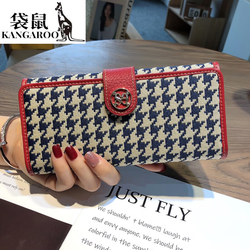 Kangaroo luxury brand Korean style lightweight long wallet for mobile phone, houndstooth bill holder with genuine leather clutch for women, black - first layer of cowhide inside