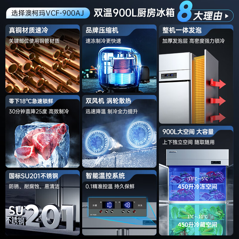 AUCMA four-door refrigerator, commercial freezer, upright freezer, six-door refrigerator, large capacity, hotel canteen, restaurant, fresh cabinet, freezer, back kitchen, stainless steel kitchen refrigerator -18 low temperature model, 900 liters dual temperature, copper tube refrigeration