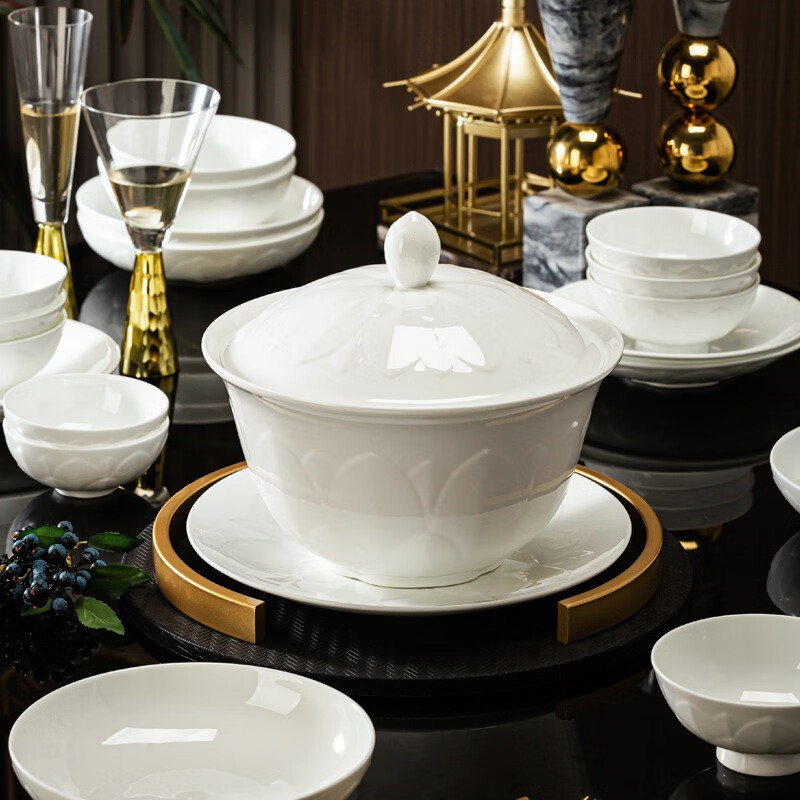 Famanmei new bone china tableware complete set Jingdezhen bowls and plates high-end pure white embossed dishes set for home use Bingqing Yujie 94-piece set (configuration for 16 people)
