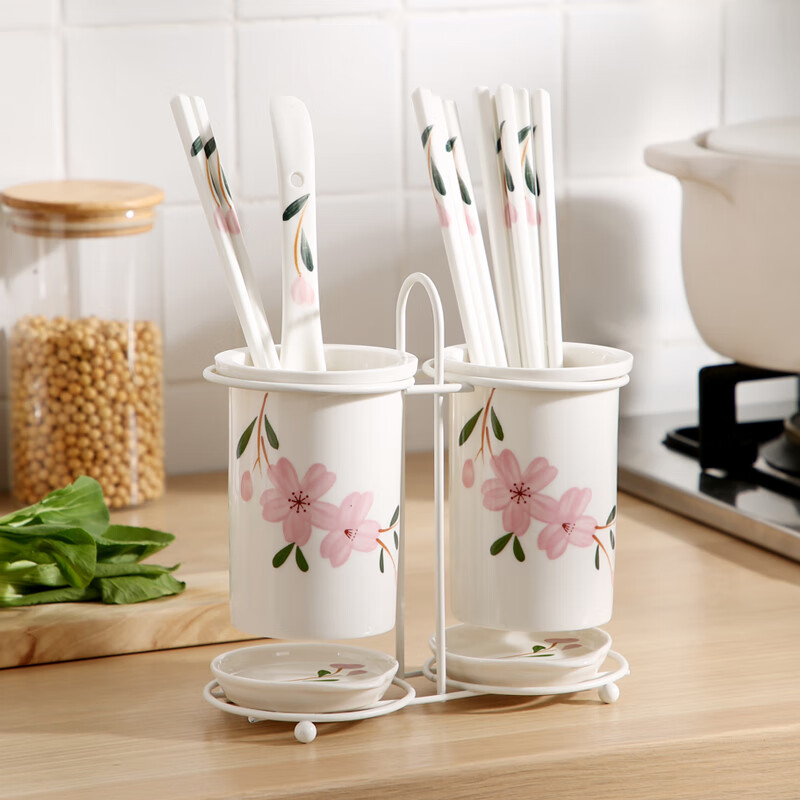 Domeiran Kitchen Ceramic Chopstick Tube Chopstick Basket Drain Household Tableware Storage Box Chopstick Cage Chopstick Basket Spoon Chopstick Box Sakura Double Tube (White Rack) Does Not Include Chopsticks