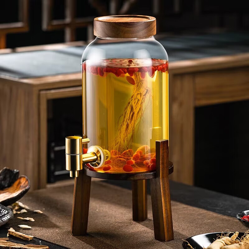 Genas glass wine bottle with faucet base wine container sealed jar household green plum and ginseng medicinal wine wine jar 4L