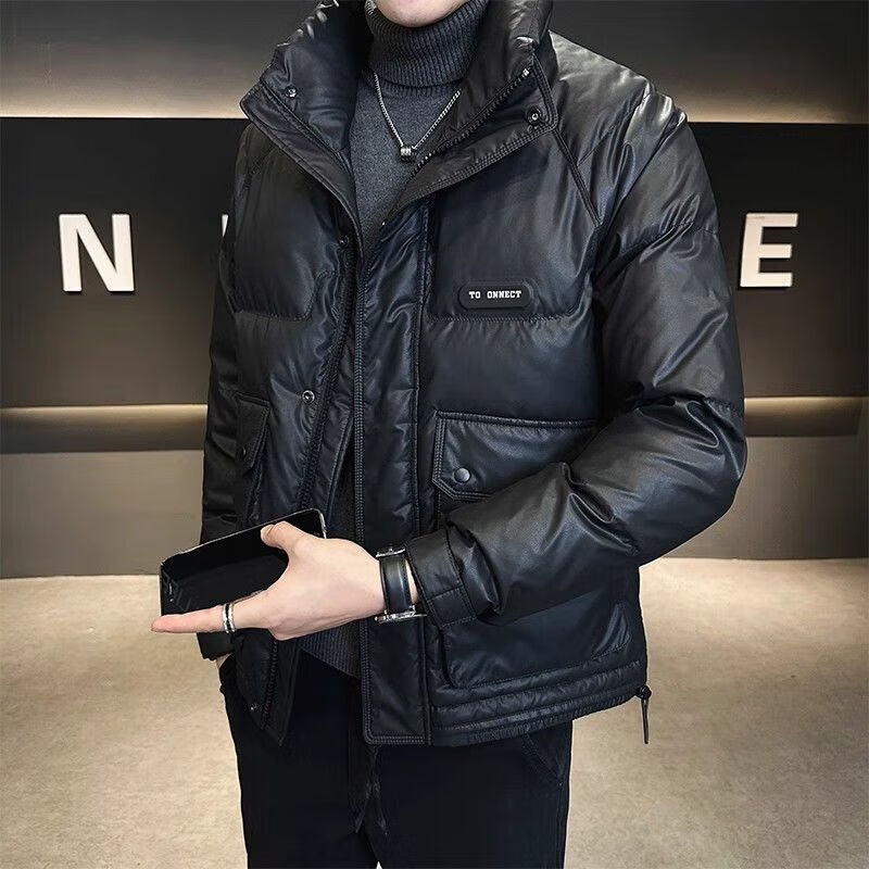 Korean style down jacket men's winter new style 2025 trendy brand casual warm thickened stand collar short duck down jacket black XL recommended weight 115-130 catties