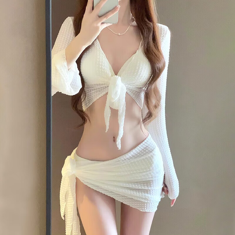 Senyong bikini swimsuit for women 2024 new four-piece high-end white sexy split swimsuit slim resort hot spring 4-piece bikini - off-white M size (90-100 pounds)