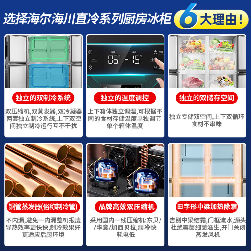 Haier Commercial Refrigerator Four Door Freezer Large Capacity Stainless Steel Upright Refrigerator Fresh Cabinet Freezer Quick Freezer Kitchen Hotel Back Kitchen Tall Refrigerator Upgraded Haichuan Model 201 High Precision Stainless Steel Four Door Fully Refrigerated