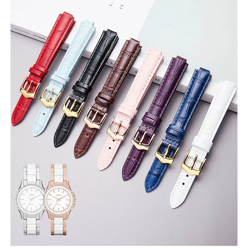 Dianhe genuine leather watch strap for men and women DKNY Cartier Rossini Gea Citizen Fuli protruding leather strap black-silver pin buckle 12mm