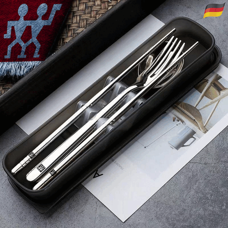 Zwilling German-made 304 stainless steel chopsticks, spoons and forks, outdoor travel three-piece set, portable tableware 304 chopsticks, spoons and forks, three-piece set, black box
