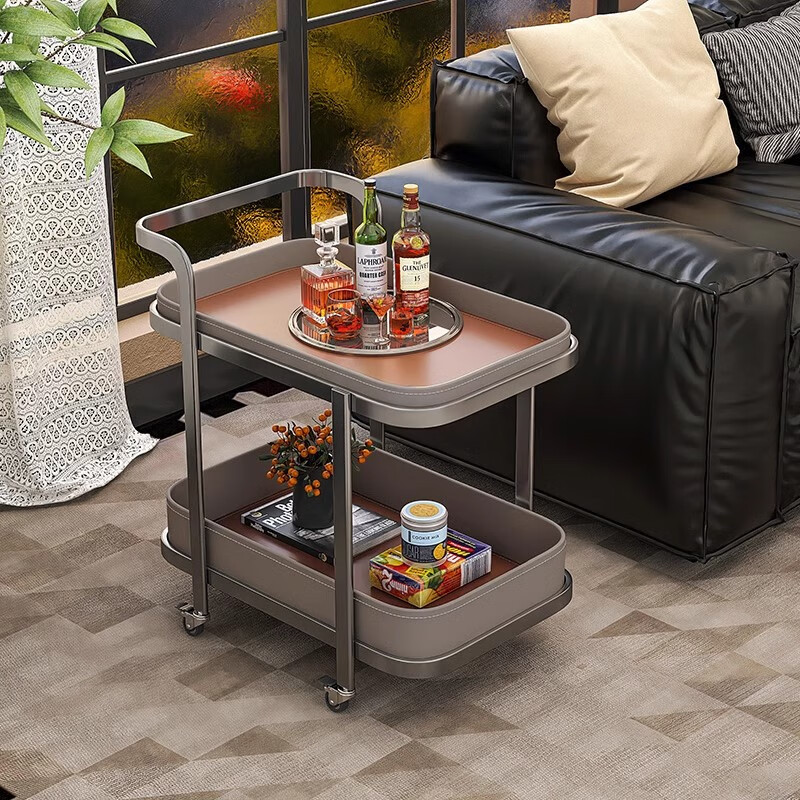 Jiannuo's living room mobile coffee table sofa side table with wheels mobile trolley saddle leather light luxury high-end small coffee table Foshan khaki + caramel brown 57 length * 40 width * 65 height