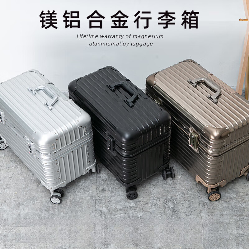 DK All Aluminum Magnesium Alloy Captain Case Business Travel Trolley Case Top Flip Camera Case Metal Photography Small Boarding Case All Aluminum Matte Noble Black Rounded Corners (With Liner) 20 Inch