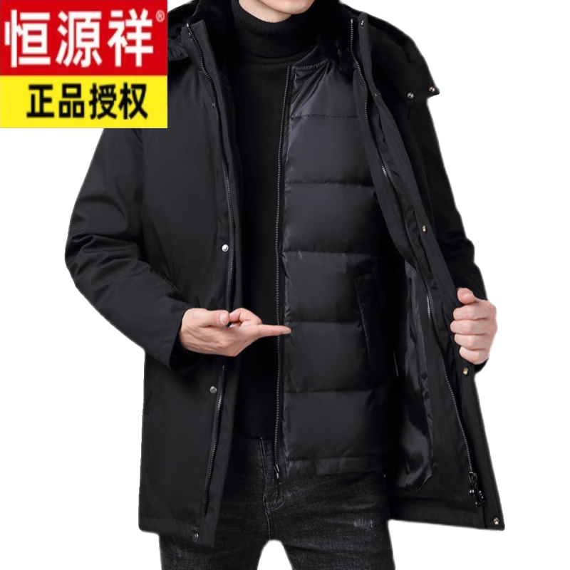 Hengyuanxiang middle-aged and elderly down jacket men's thickened medium-length middle-aged father's removable liner elderly winter jacket black hairless M weight 90-110 catties