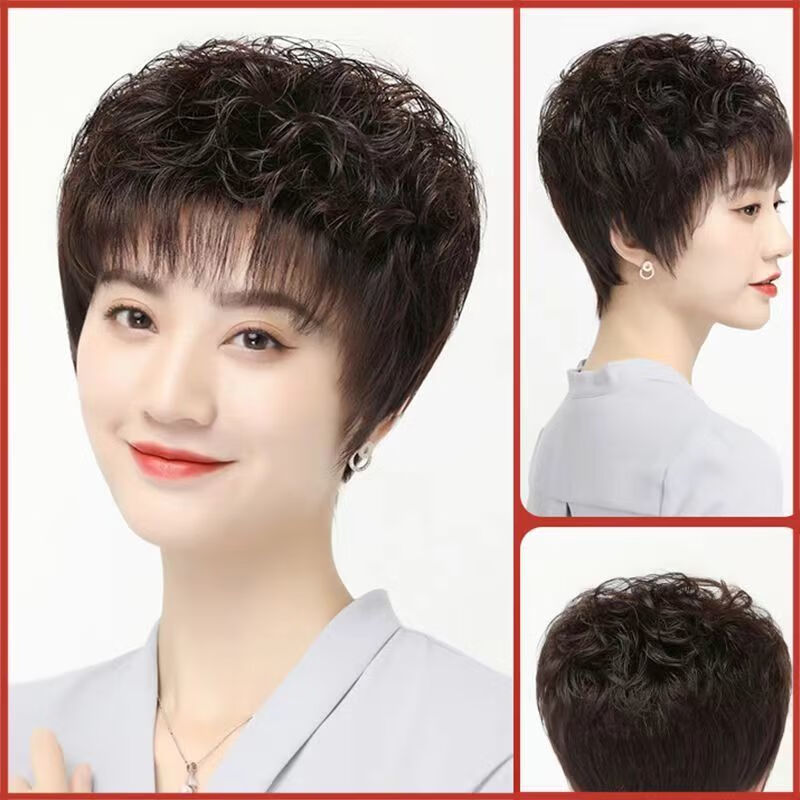 Tangni's head replacement hair piece female wig piece short curly hair mother middle-aged and elderly hair set textured perm artificial hair to cover white hair fluffy artificial hair textured curly hair 12*12 brown black needle top
