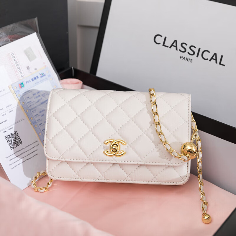 Chanel Little Chanel bag for women 2024 new style trendy genuine leather flap bag shoulder crossbody small gold ball gold beads 01 white