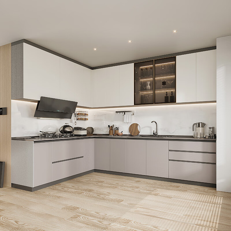 Sofia Stainless Steel Cabinets Kitchen Steel Wood Kitchen Cabinets Furniture Integrated Cabinets Tableware Stove Wall Cabinet Integrated Cabinet Sideboard 7-meter Smoked Stove Package (Quartz Stone Countertop)