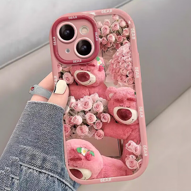 Jiang Ming Suitable for Apple 15 mobile phone case iPhone 15 protective cover all-inclusive anti-fall men's and women's creative internet celebrity protective case rose cute bear