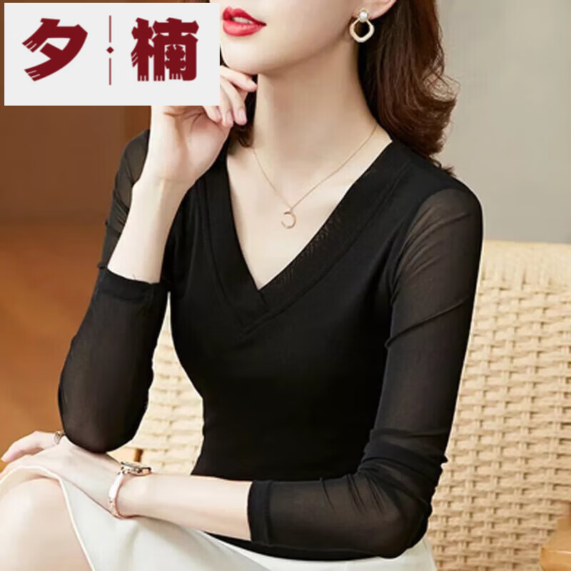 Xinan mesh bottoming shirt with spring and autumn V-neck western style slim top for women new fashion long-sleeved T-shirt for women black round-neck 2XL recommended 125-140 pounds
