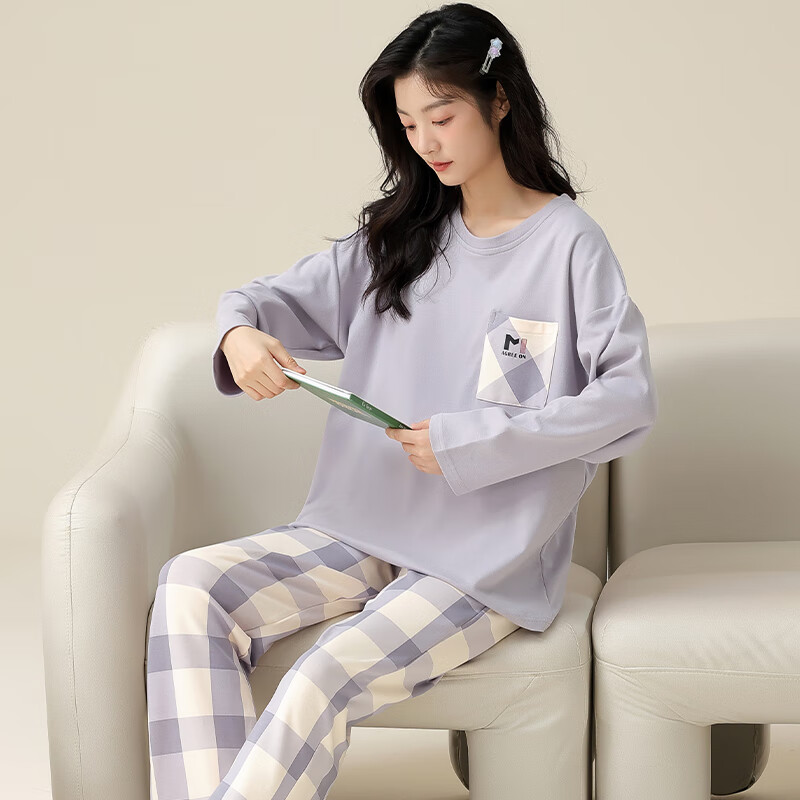 Langsha pajamas women's pure cotton 7A antibacterial and mite removal spring and autumn with chest pad long-sleeved trousers suit ladies home clothes new autumn