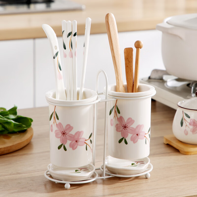 Domeiran Kitchen Ceramic Chopstick Tube Chopstick Basket Drain Household Tableware Storage Box Chopstick Cage Chopstick Basket Spoon Chopstick Box Sakura Double Tube (White Rack) Does Not Include Chopsticks