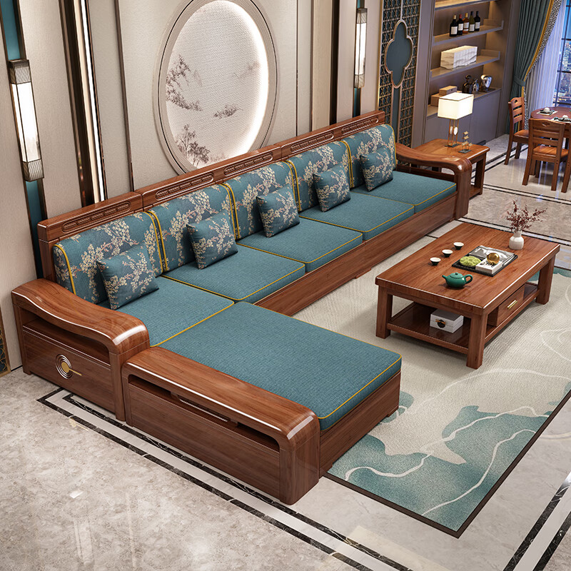 Mai Yayue Sofa Walnut Solid Wood Sofa New Chinese Style Living Room Size Winter and Summer Corner Storage Furniture Four Seats + Imperial Concubine + Coffee Table 8 Sets Ordinary Sponge Cushions