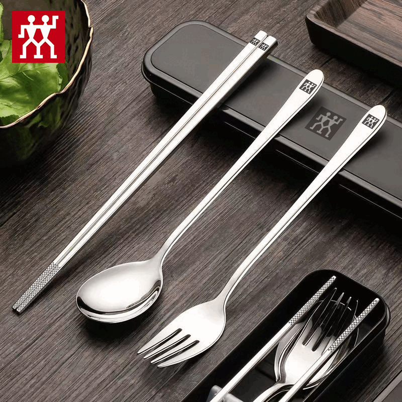 Zwilling German-made 304 stainless steel chopsticks, spoons and forks, outdoor travel three-piece set, portable tableware 304 chopsticks, spoons and forks, three-piece set, black box