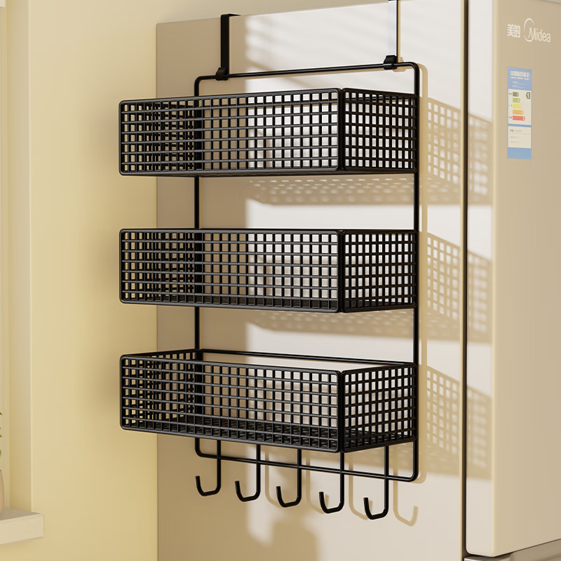 Zhizhi Yifan refrigerator storage rack side multi-functional hanging rack kitchen utensils without punching multi-layer cling film seasoning bottle storage rack black-three-layer large bold hook style