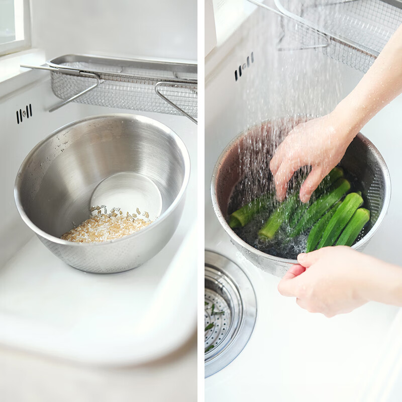 Shuangshan 304 stainless steel drain basin, vegetable basin, rice washing basin, multi-functional fruit basket, rice washing artifact, rice washing sieve, water filter basin, 1.6L drain basin - (22.5 height 12.5cm)