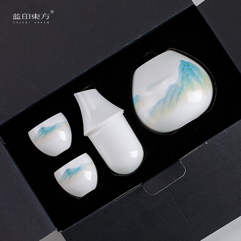 Blue printed Oriental Jingdezhen ceramic wine warmer set for home Chinese style wine warmer white wine cup wine divider ice wine jug Chunlu-Qianlijiangshan wine set