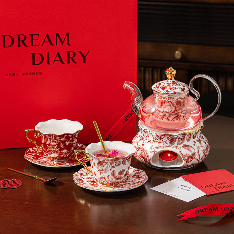 Dream Diary Real Bone China Rose Xinyi Engagement Wedding Gift for the Bride to Wedding Best Friend Flower Teapot Four Cups Haute Couture Gift Box-Rose Xinyi Pair of Cups