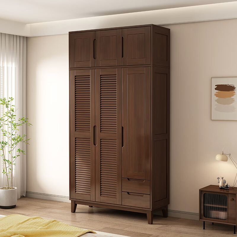 Siguyuan Nordic all solid wood wardrobe hundred-page grille can add top cabinets home bedroom simple two or three doors with drawer storage wardrobe walnut color all solid wood four door wardrobe delivery to home package installation