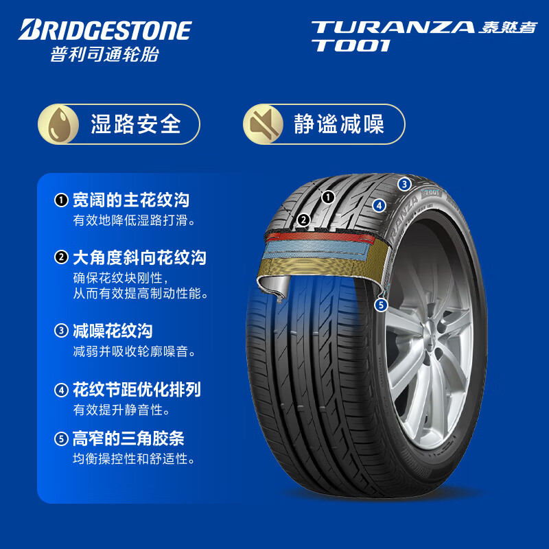 Bridgestone car tire 225/55R17 97W T001 suitable for Regal/LaCrosse/Maibu/BMW 5 Series/A6L