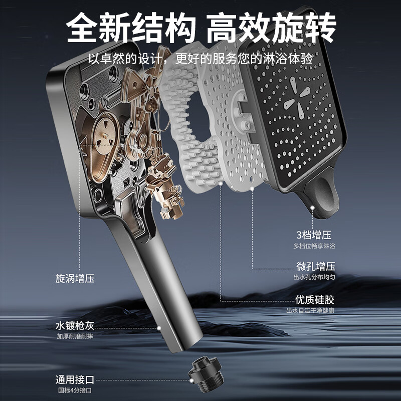 X-GRKE pressurized shower head bathroom home multi-functional pressurized bath shower handheld shower head supercharged single shower magic night black three-speed mode丨enjoy a smooth shower with large water volume