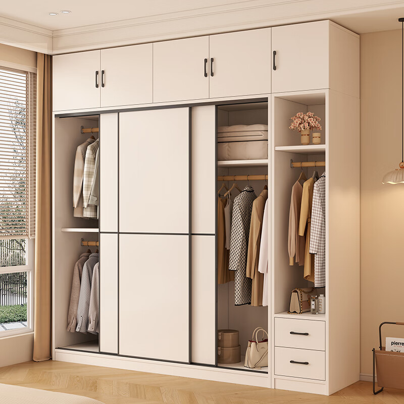 Baili Weiyi package installation solid wood wardrobe bedroom household sliding door cabinet thickened backboard large wardrobe wardrobe 160*200*60 main cabinet + top cabinet