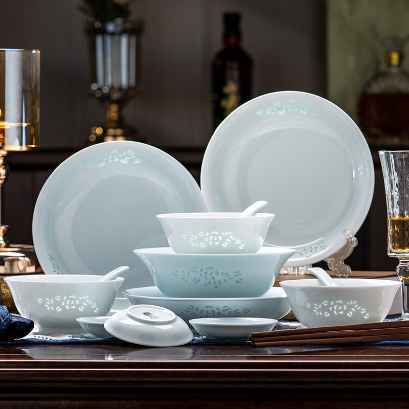 Rich Jade Ceramics Jingdezhen Celadon Exquisite Tableware Complete Set of Underglaze Colored Bowls and Plates Home Gift Set Celadon Jade Peony 16 Heads