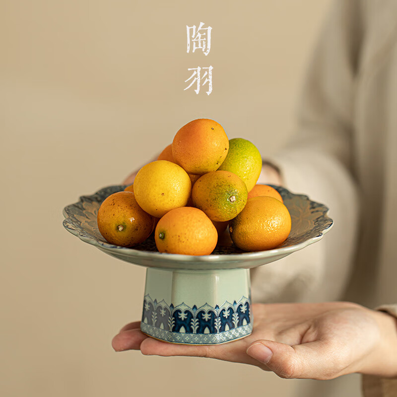 Tao Yu Ru Kiln Flower Tea Dessert Plate Fruit Plate Tall Plate Dessert Fruit Chinese Style Tall Plate for Buddha Pastries Ceramic Small Plate Imitation Song Ru Kiln Flower 143 Fruit Plate