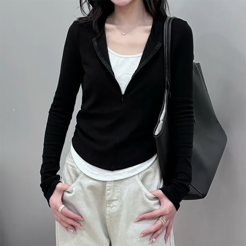Jian Qingyi V-neck fake two-piece black bottoming shirt for women in autumn and winter, which can be worn outside with a foreign style and high-end long-sleeved T-shirt slim fit top. Fake two-piece V-neck half-zip bottoming shirt, black and white, L. Recommended under 115 catties.
