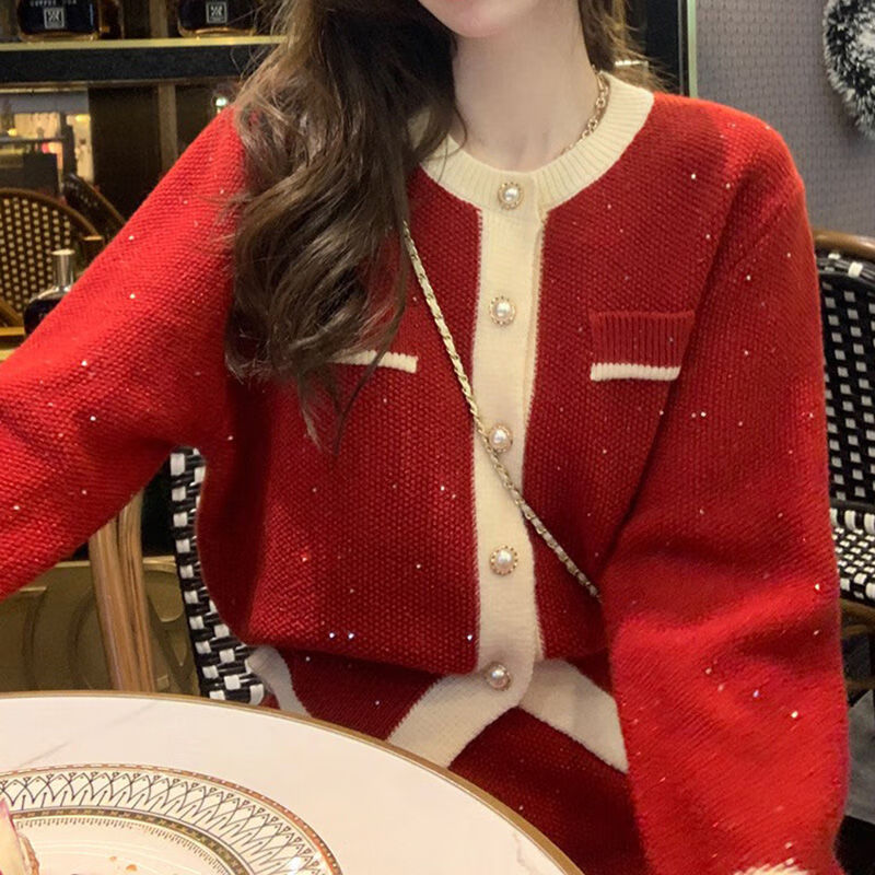Dofinison Red Dress Autumn and Winter Women's Clothing 2024 New Tea Style Small Fragrance Style New Year's Jersey Wear a Complete Suit Red Suit One Size