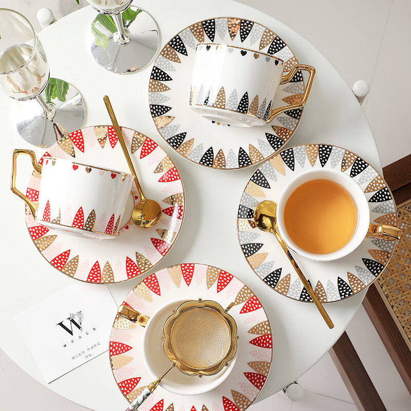 WOOCH Love at First Sight coffee cup with four saucers gift box for couples moving to a high-end new home, business, birthday, wedding souvenir Love at First Sight 4 cups and saucers - red gold + gray gold + white gift box