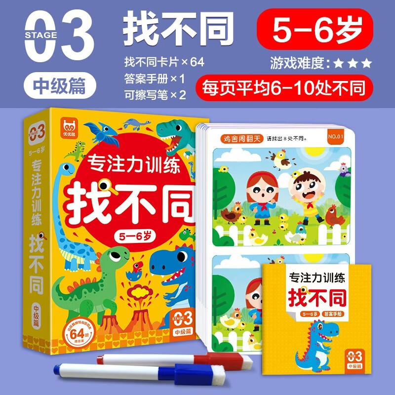 4 boxes in total, concentration training to find differences, 3-4 years old, 4-5 years old, 5-6 years old, 6-8 years old, introductory chapter, intermediate chapter, advanced chapter, pen control training, hand-eye coordination, left and right brain development, memory, observation and logic training to improve intelligence.