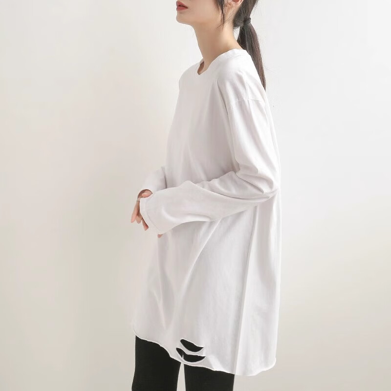 NOME Loose Bottoming Shirt Women's Cotton T-Hem Hole Design Versatile Casual Long Sleeve T-Shirt Women White L