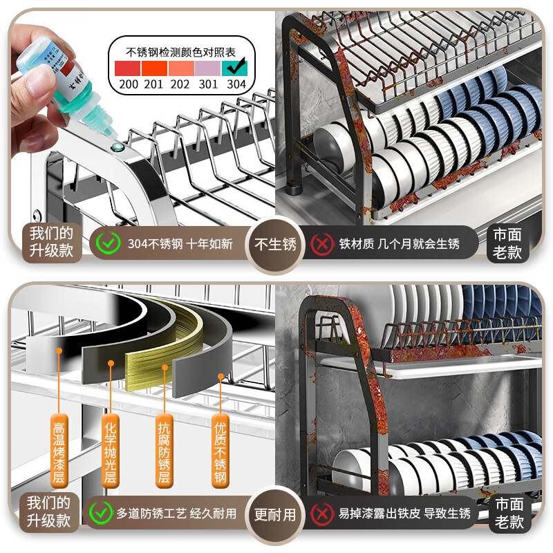 Duopeng kitchen dish rack dish rack drain rack countertop 304 stainless steel storage box for dishes and chopsticks *welfare version double layer 43+ fully equipped