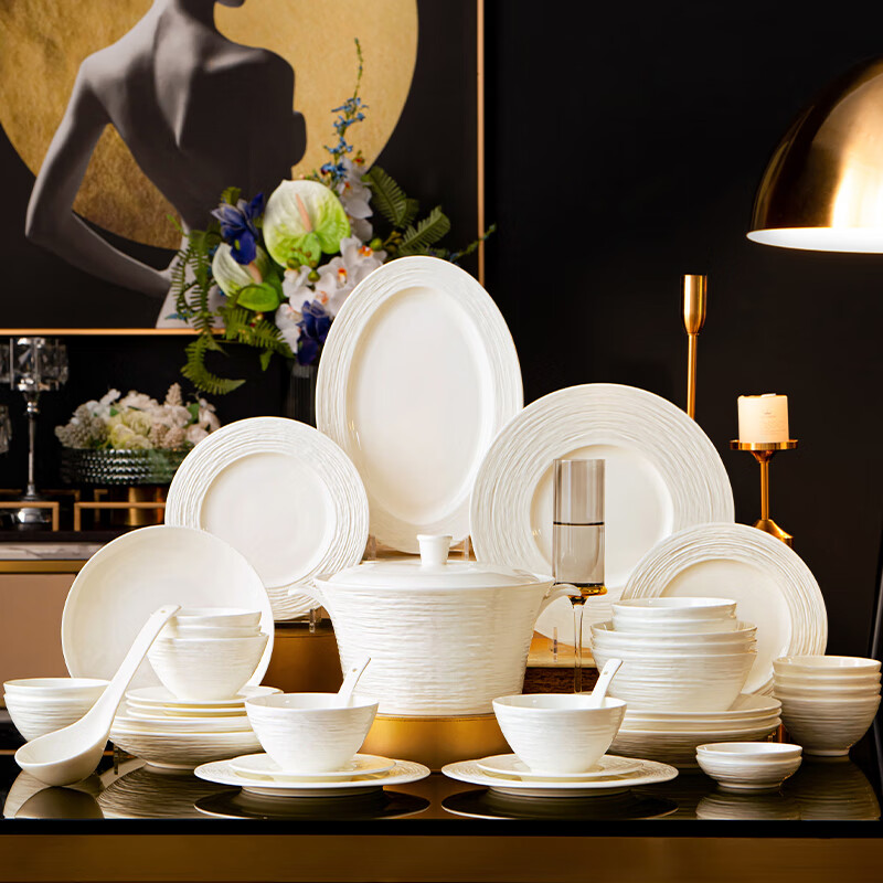 Hanming Jingdezhen underglaze color bowls, plates and tableware complete set bone china simple dishes and chopsticks set home high-end housewarming gift high temperature underglaze color | brocade box | 70-piece set