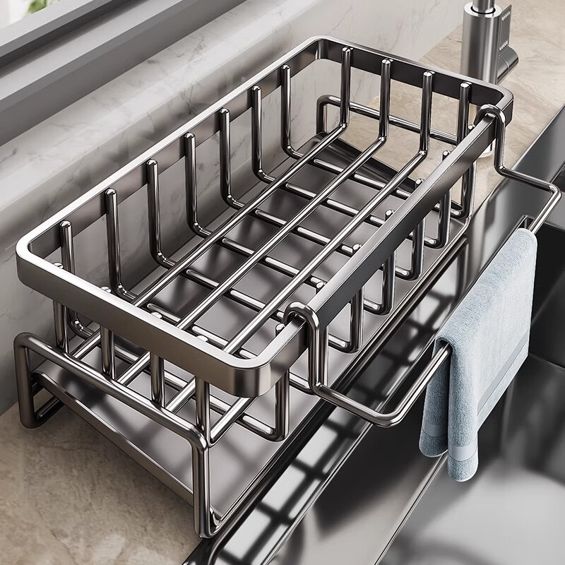 Linjia boy kitchen sink drain rack stainless steel sponge rack rag rack household multi-functional storage box dishwashing liquid rack with rod gray-drain rack