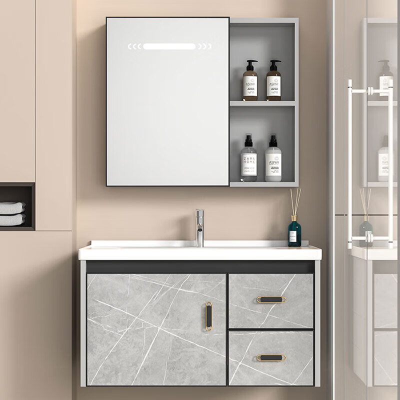 Tesiro bathroom cabinet washbasin cabinet small apartment ceramic integrated basin combination bathroom washbasin aluminum alloy washbasin cabinet double door 60CM ceramic basin + towel mirror cabinet self-installation