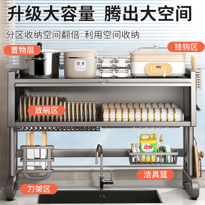 Benwang (BW) stainless steel kitchen sink rack, multi-functional drain bowl rack, household dust-proof dish storage rack with cabinet door, gun gray, 85cm long, luxurious and fully equipped
