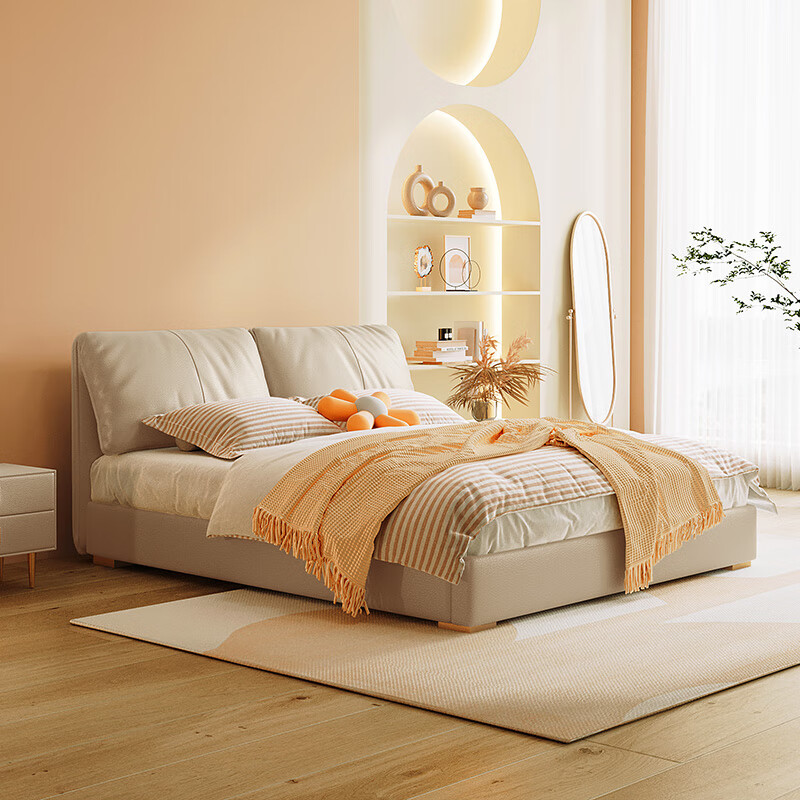 Winter Bear Elephant Ear Leather Bed, Relaxing, Simple and Modern Double Master Bedroom High Box Electric Storage Bed Soft Covered Wedding Bed First Layer Cowhide/Fully Solid Wood Beech Wood Framework 1500mm*2000mm Electric Sliding Storage