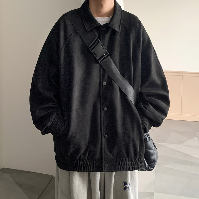 Dingfengbaoluo jacket men's autumn and winter casual loose trendy suede top American baseball uniform YM9921 black 2XL