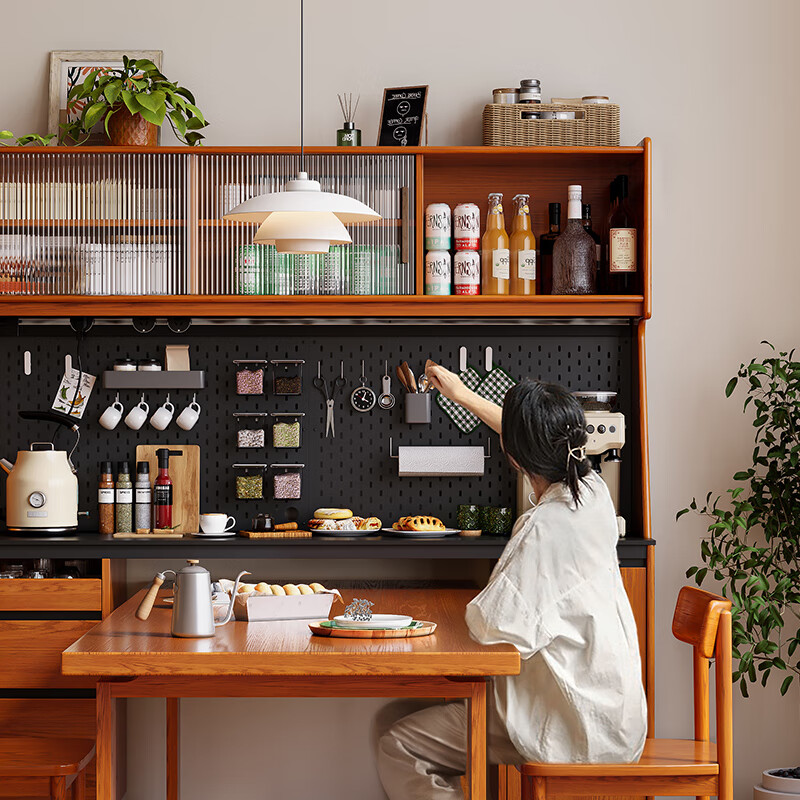 GOZEAL solid wood sideboard dining table integrated wall-mounted American wine cabinet kitchen cabinet small apartment storage cabinet oak storage cabinet whole cabinet-1.8m built-in table style