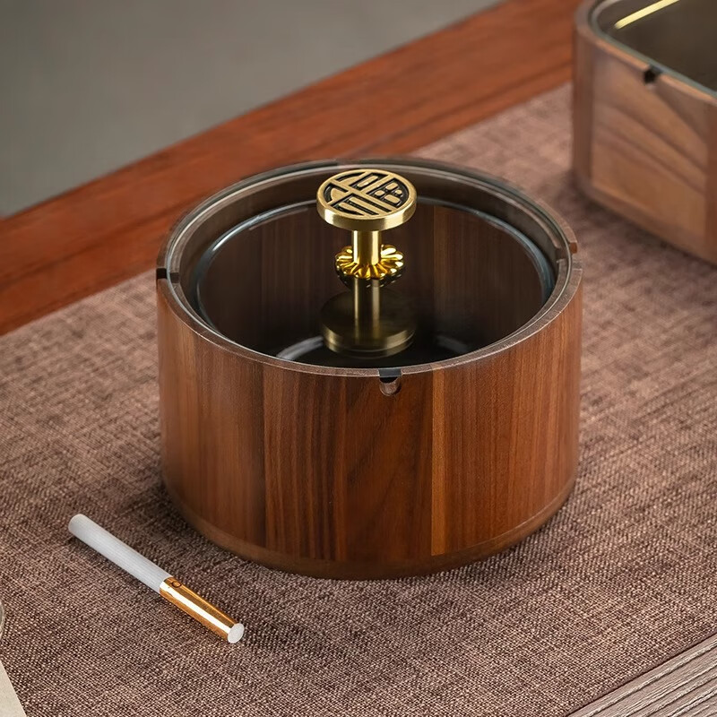 Genasi solid wood ashtray high-end anti-fly ash commercial office home living room hotel Chinese style ashtray with cover high-end round Jinfu brass handle glass liner